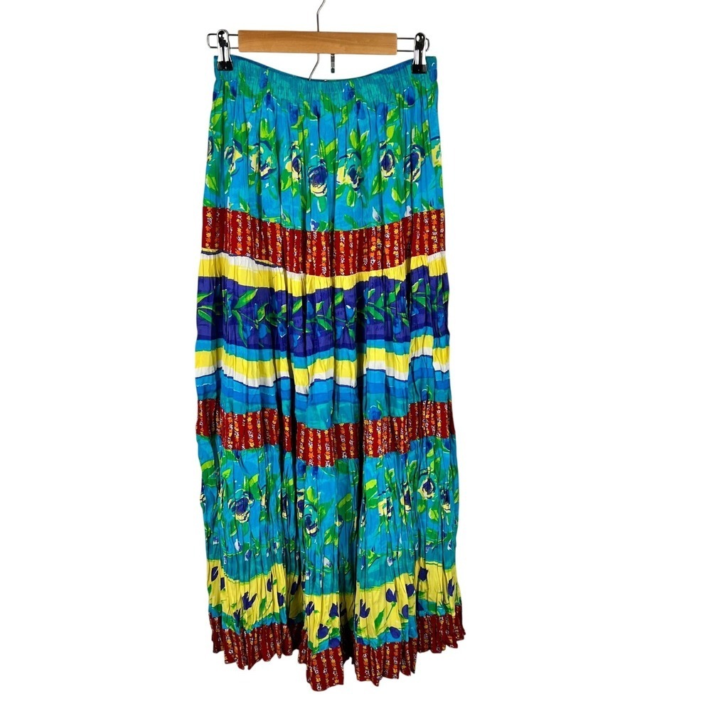 Vintage Artsy Colorful Maxi Skirt Medium Tiered Broomstick Boho Texas Turquoise